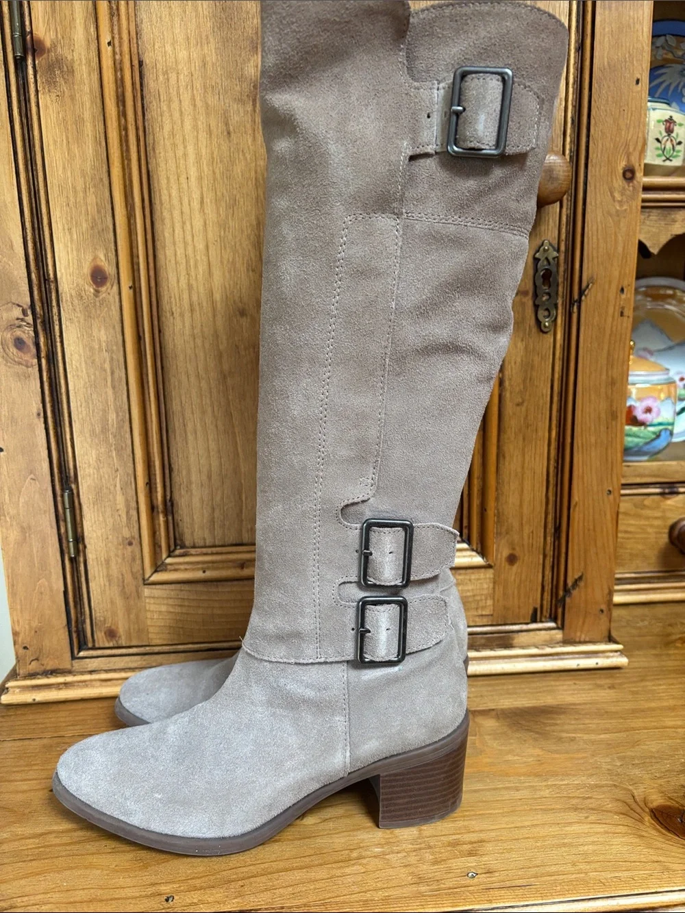 Franco Sarto MishroomTaupe Suede Knee-High Buckle Boots